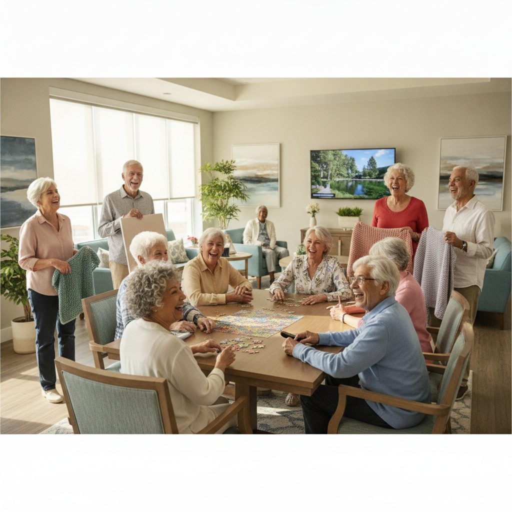 A lively group of seniors enjoying a group activity in a bright assisted living common room
