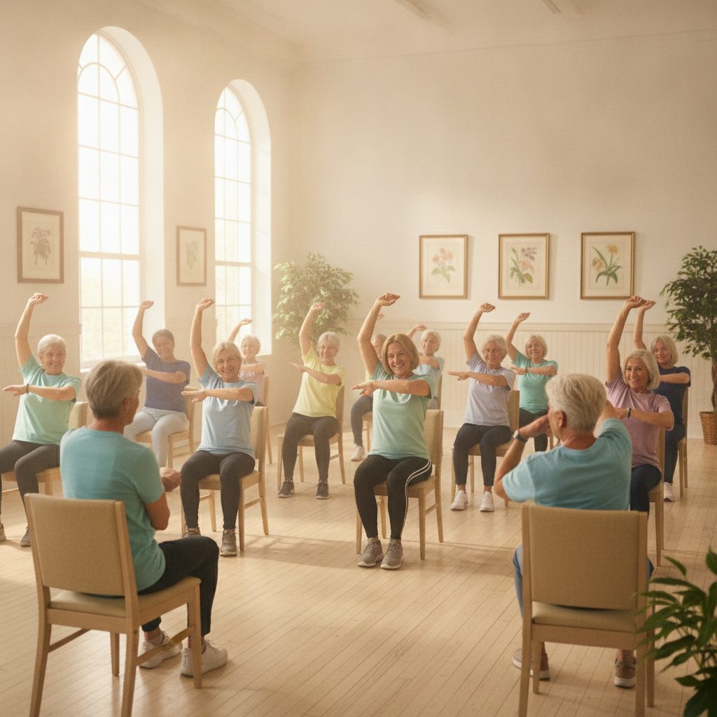 Seniors taking part in a seated chair exercise class led by an activity director
