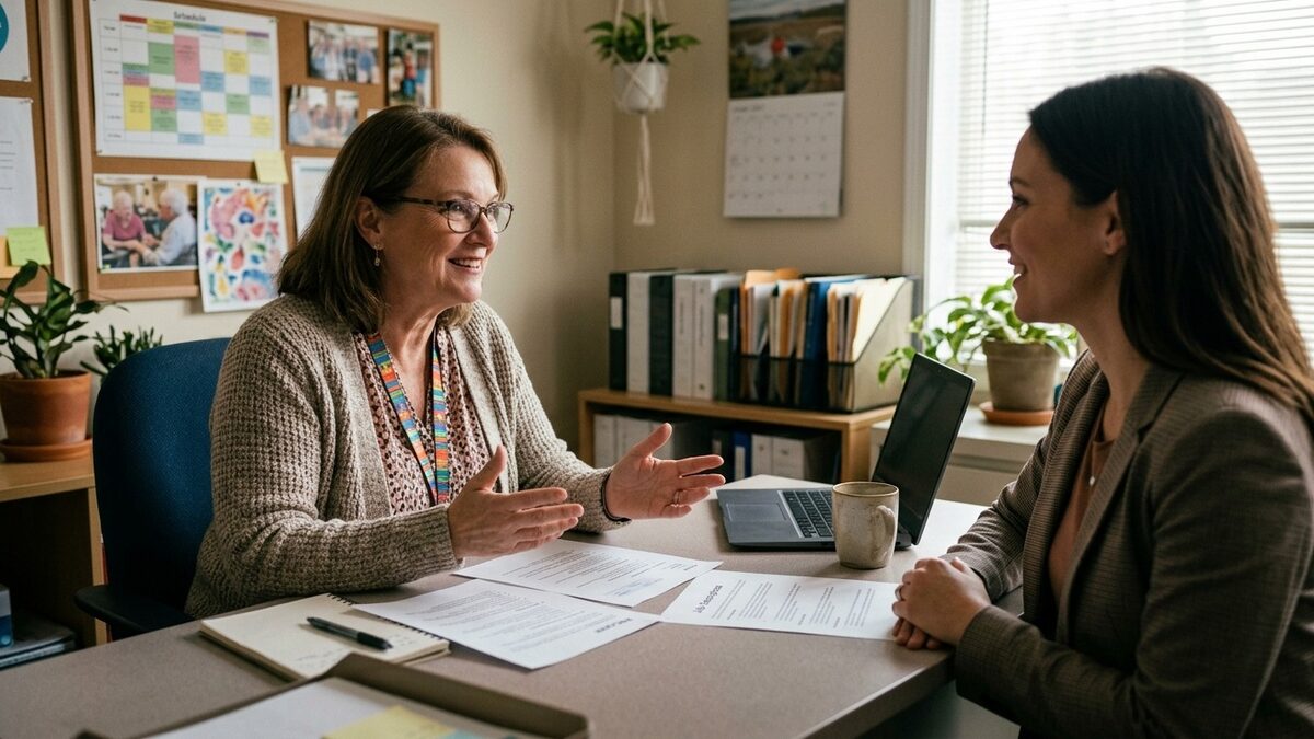 Activity director interviewing a job candidate across a desk in a senior living office, with a resume and job description on the desk
