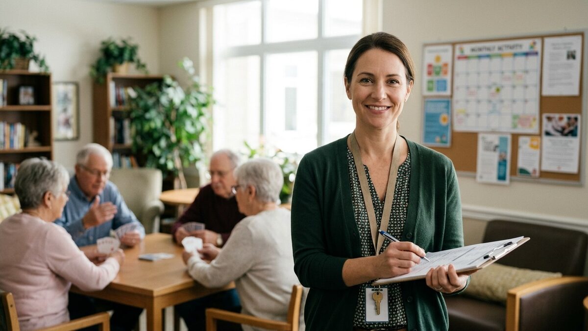 Smiling activity director holding a clipboard in a senior living activity room while residents play cards at a table behind her