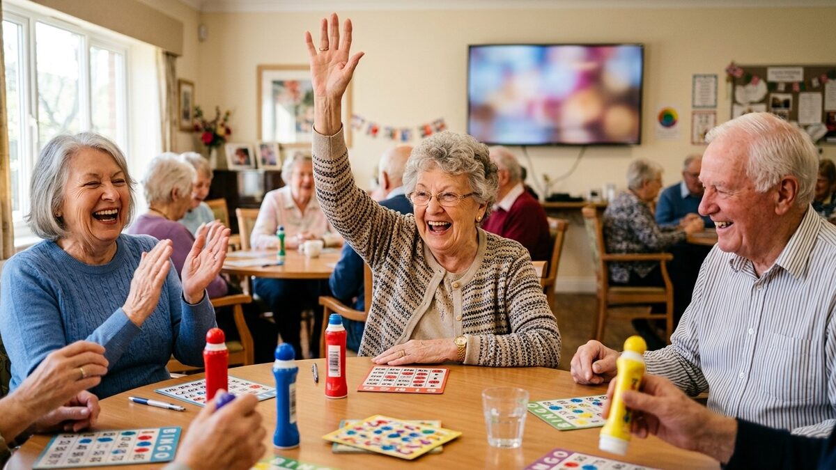 Senior woman raising her hand in celebration after winning bingo while friends laugh and clap around a table of colorful bingo cards and daubers