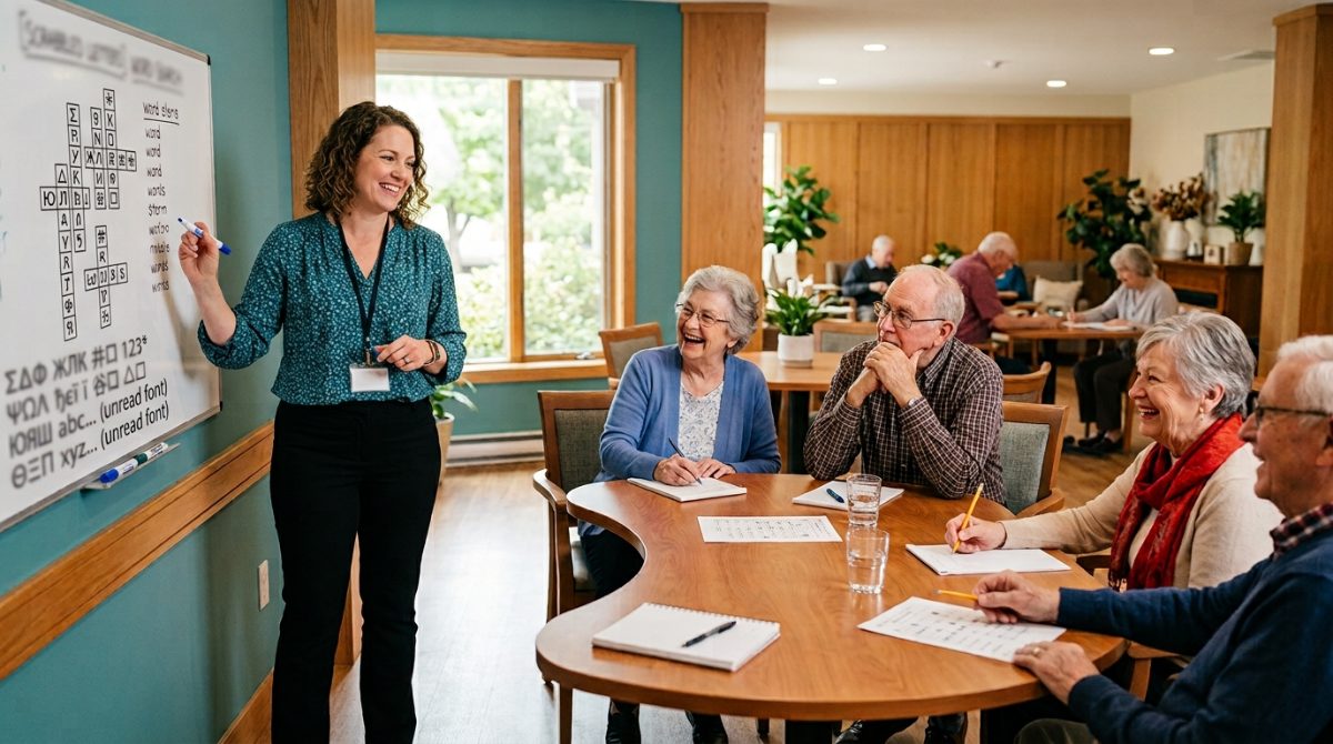 Activity director leading seniors through a brain training exercise with a whiteboard in a community room