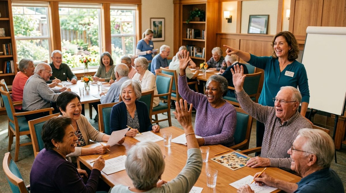 Group of seniors laughing while solving a puzzle together during a brain fitness class in a senior community