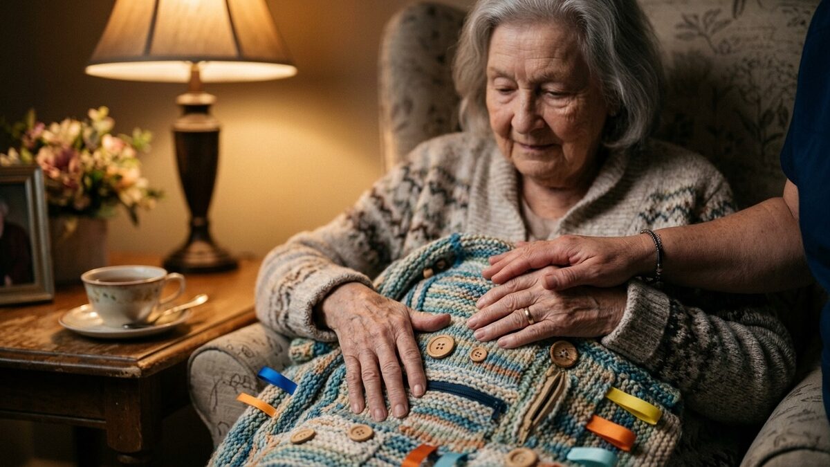 Older woman resting her hands on a knitted fidget blanket with ribbons and buttons while a caregiver gently holds her hand in lamp light