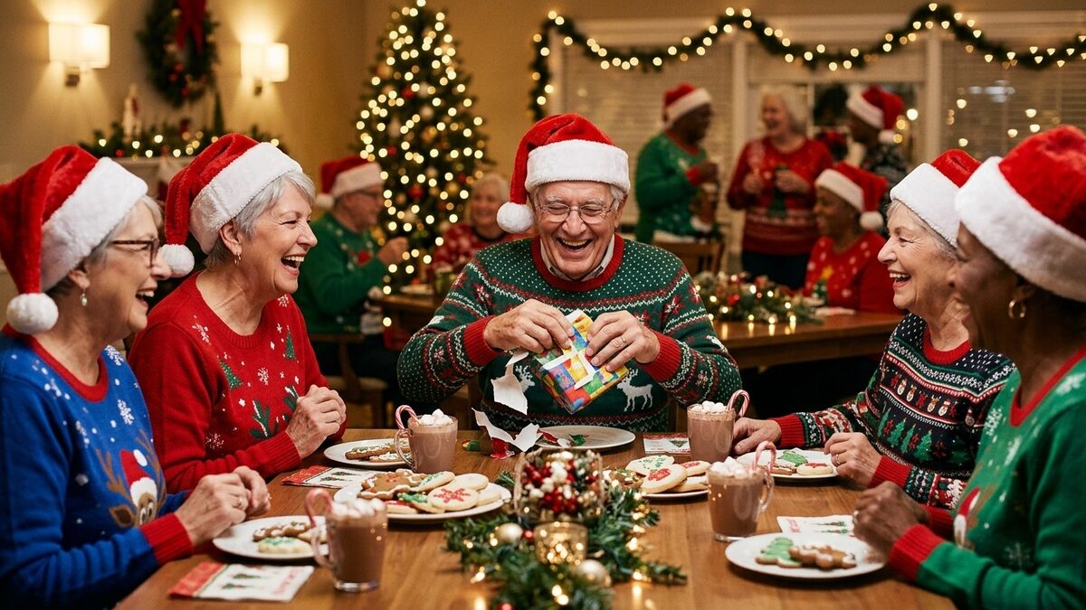 Seniors in Santa hats and holiday sweaters laughing during a Christmas gift-exchange game with cookies and cocoa on the table