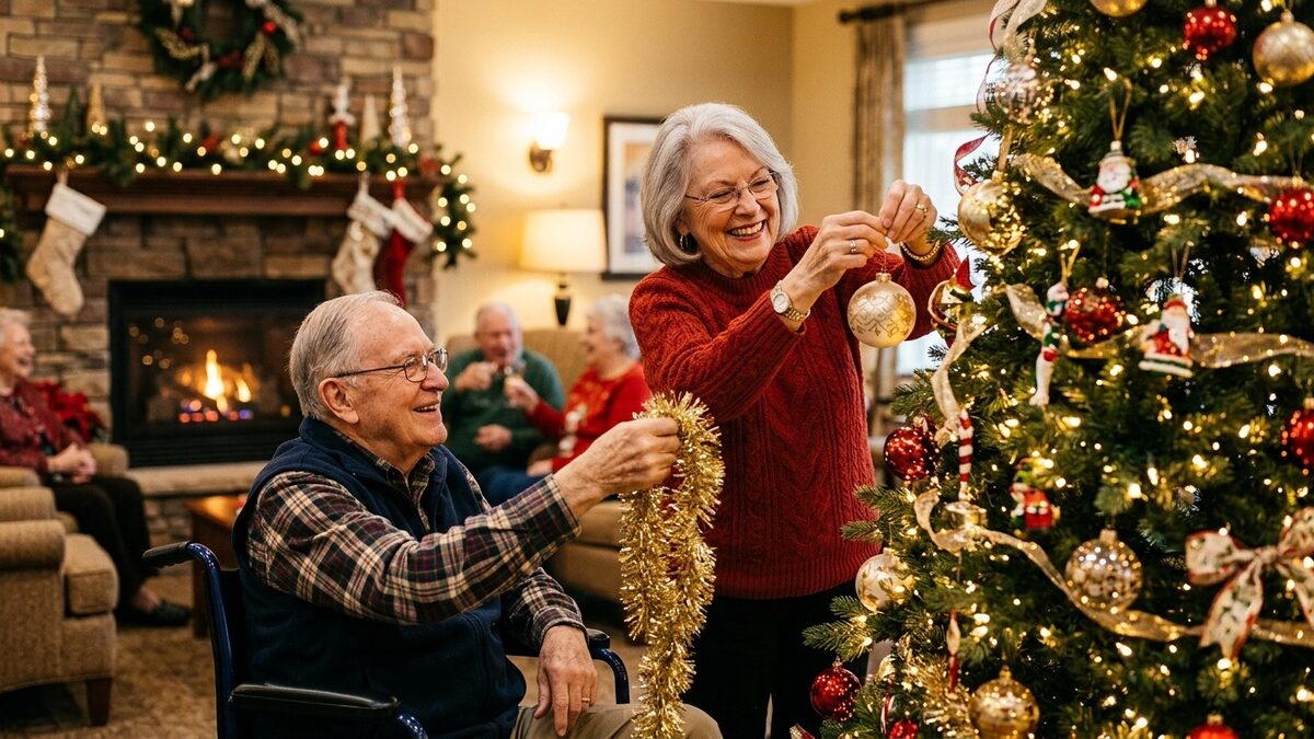 Senior woman in a red sweater hanging an ornament on a lit Christmas tree while a smiling man in a wheelchair hands her gold tinsel in a cozy lounge