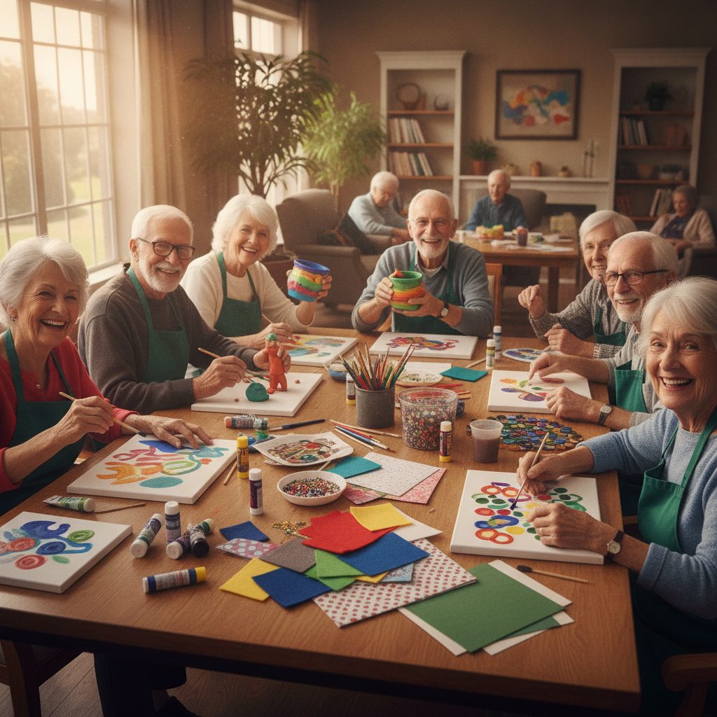 Cheerful seniors doing colorful arts and crafts together at a table in a sunny activity room