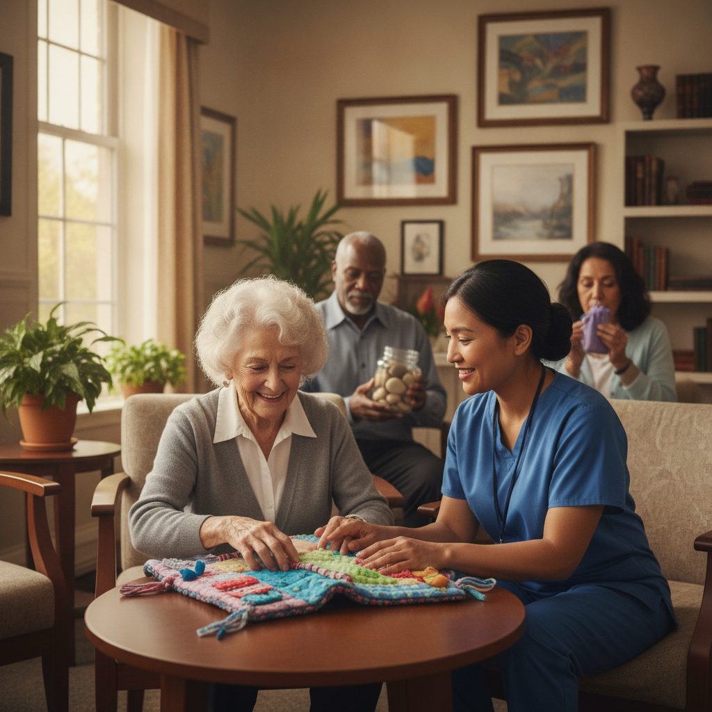 A caregiver gently engaging a smiling senior with a memory care sensory activity