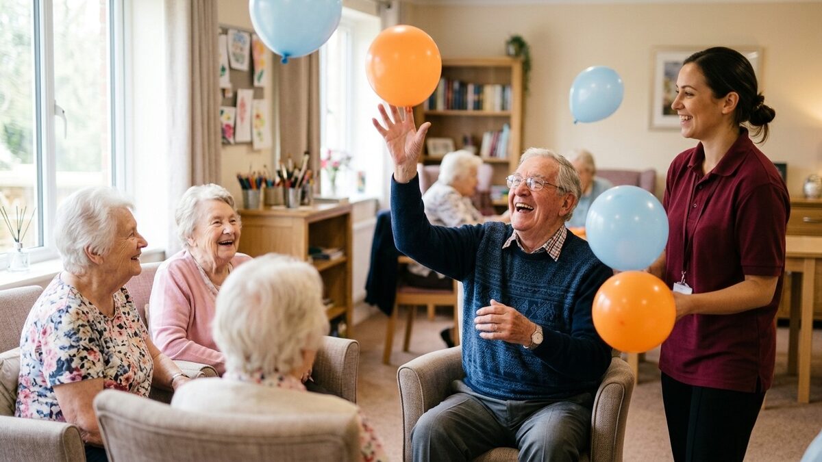 Seniors in memory care laughing during a seated balloon toss game while a staff member keeps the balloons moving