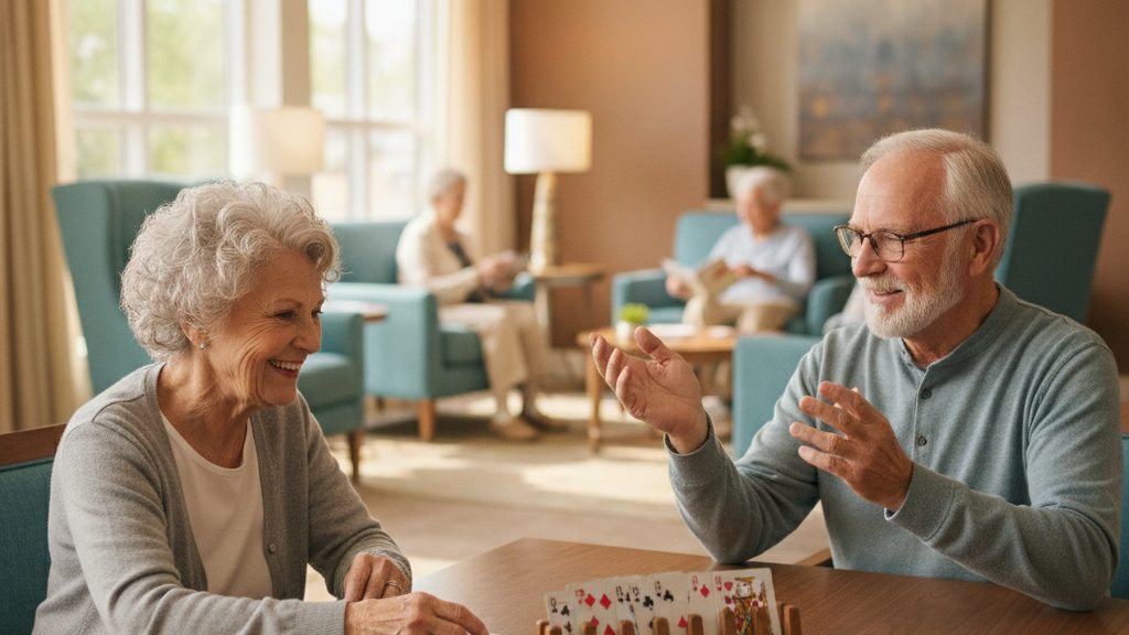 Seniors playing a card game with jumbo-print cards and a wooden card holder rack