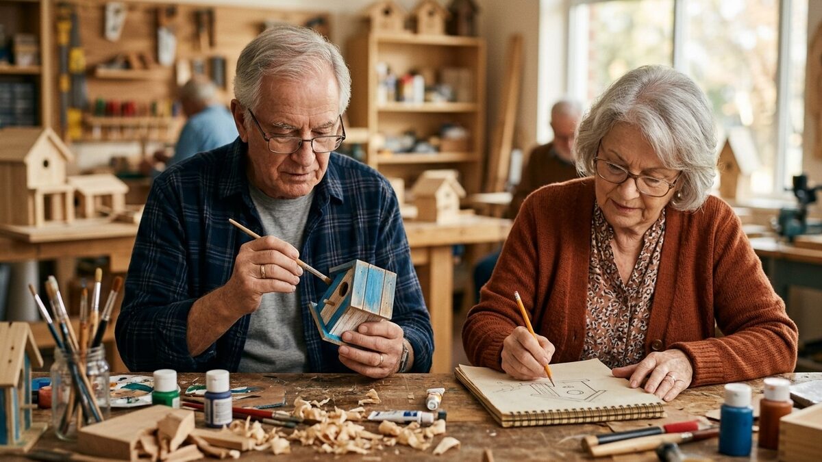 Older man painting a small wooden birdhouse while an older woman sketches in a notebook in a senior living workshop
