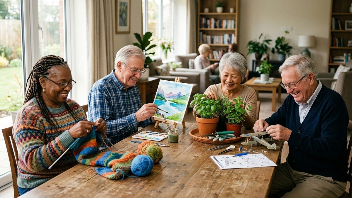 Four smiling seniors enjoying different hobbies at a wooden table: knitting, watercolor painting, potting herbs, and building a model airplane