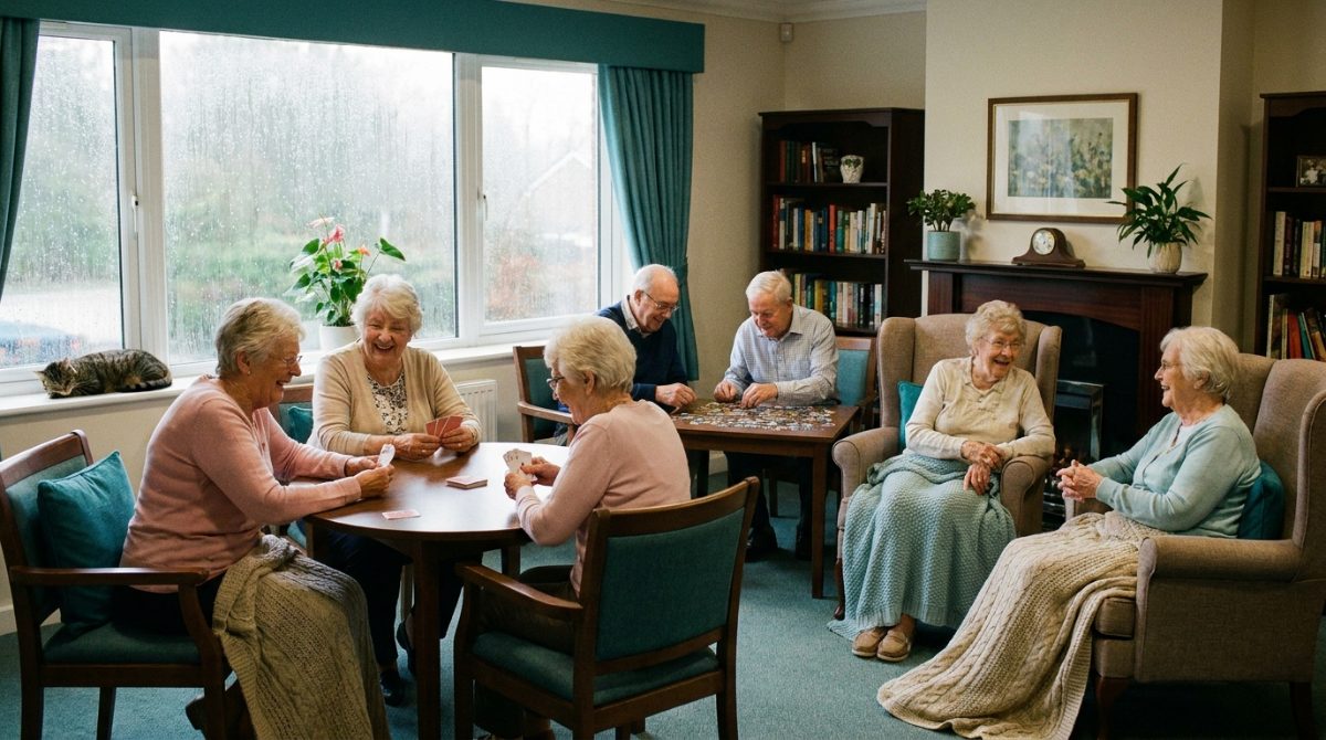 Seniors enjoying indoor activities together in a cozy sunlit common room on a rainy day