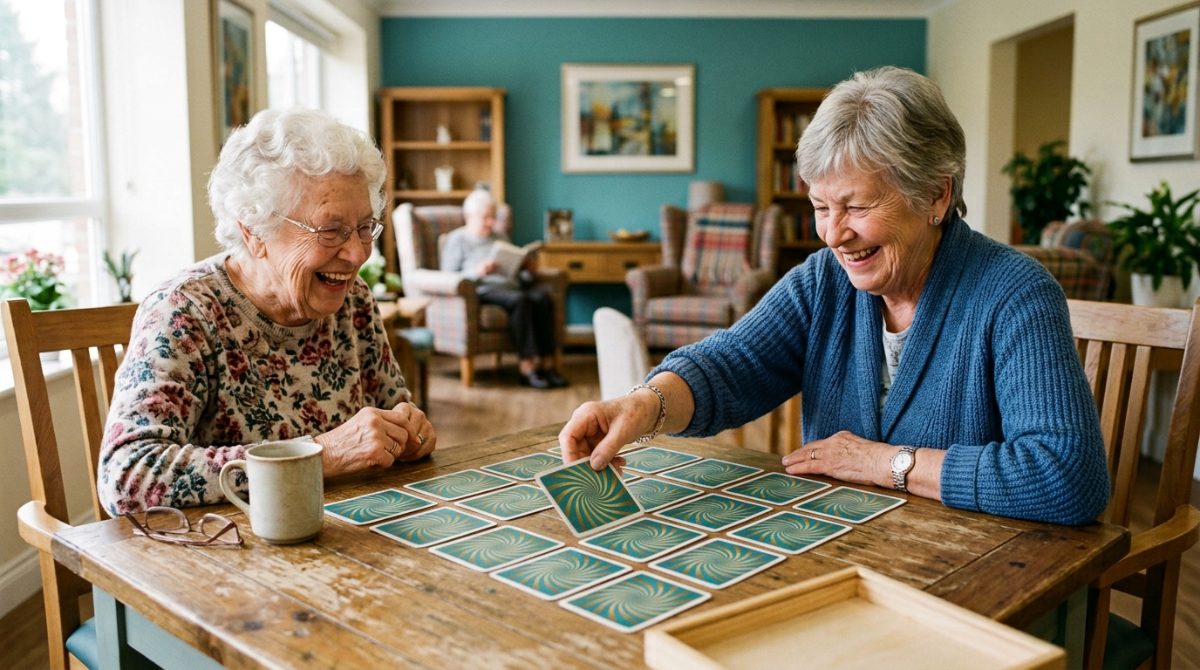 Two seniors smiling while playing a matching pairs memory game with oversized cards at a table