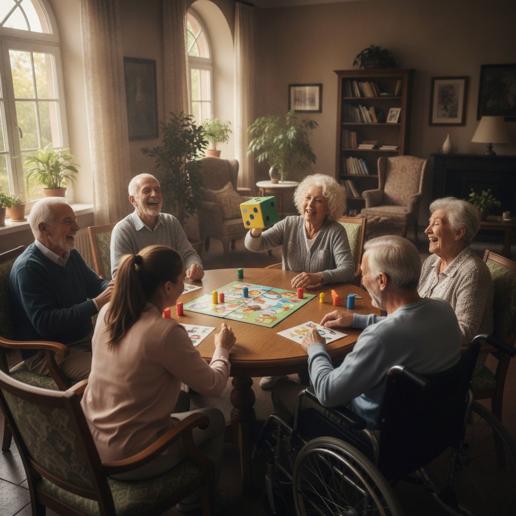 Nursing home residents laughing together during a group game activity