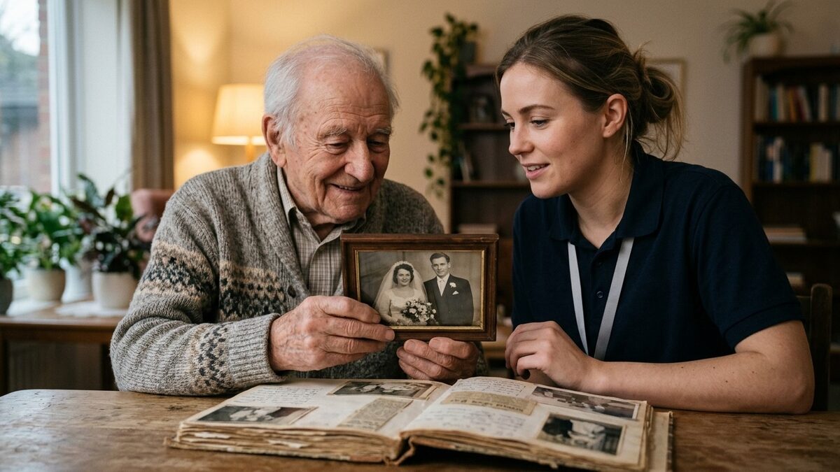 Older man in a cardigan smiling at his black-and-white wedding photo while a young caregiver listens beside an open handmade life story book