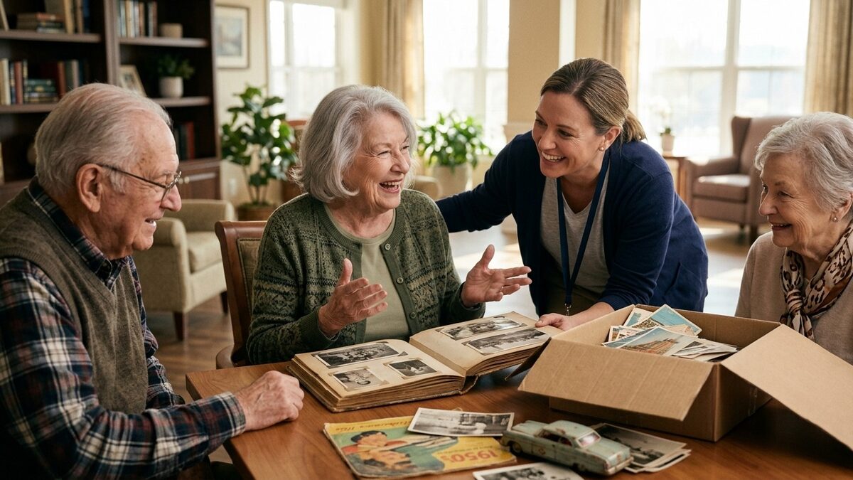 Activity director laughing with three older residents around a vintage photo album and a box of old postcards and a toy car in a bright senior living lounge