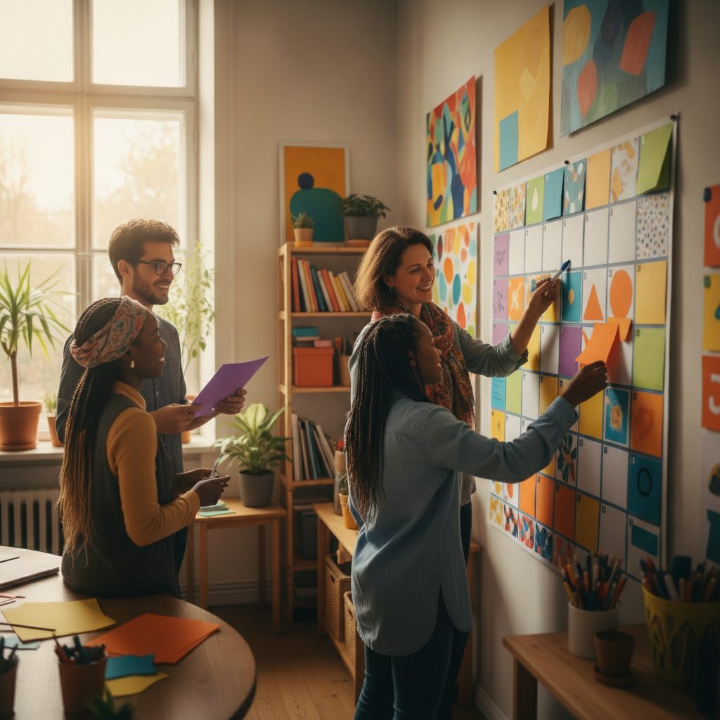 An activity director planning a colorful monthly activity calendar on a large wall planner