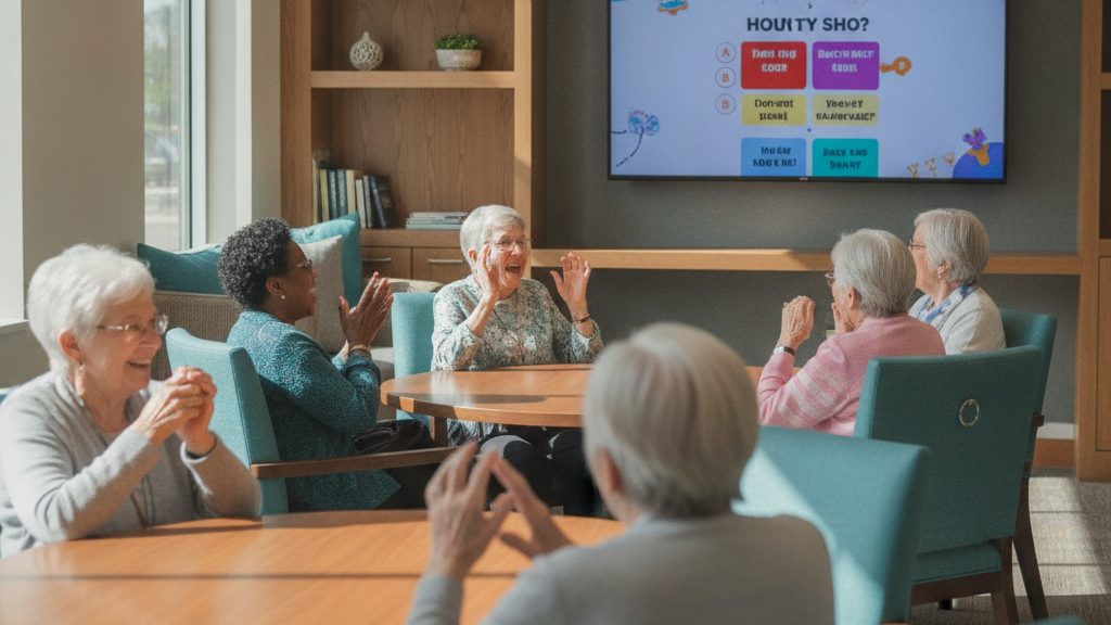 Teams of seniors at tables answering trivia questions displayed on a large TV screen