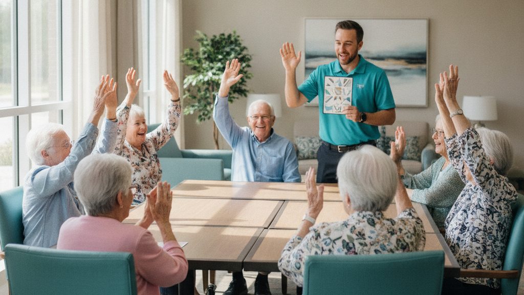 Activity director hosting a lively trivia game for a group of seniors with raised hands in a community room