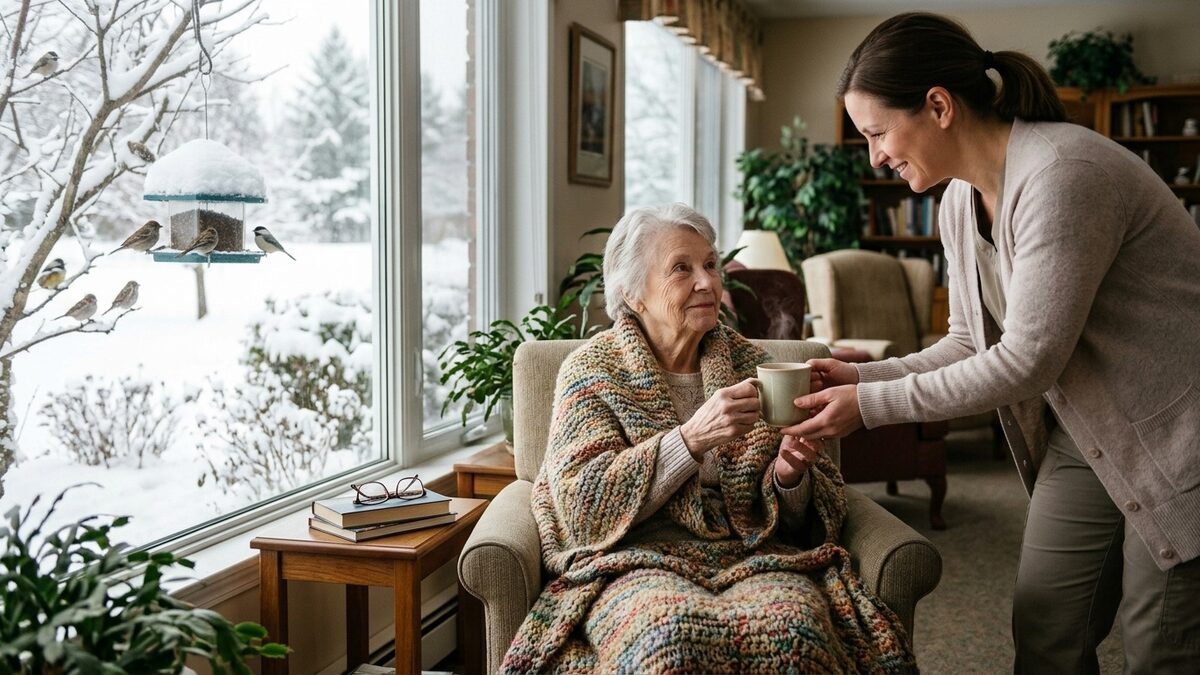 Older woman wrapped in a knitted blanket by a large window watching birds at a snowy feeder while a caregiver hands her a mug of tea