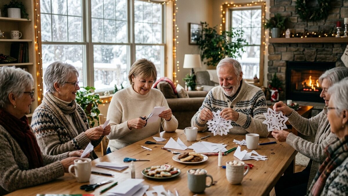Older residents in warm sweaters cutting paper snowflakes and drinking hot cocoa at a long table by a snowy window and a glowing fireplace