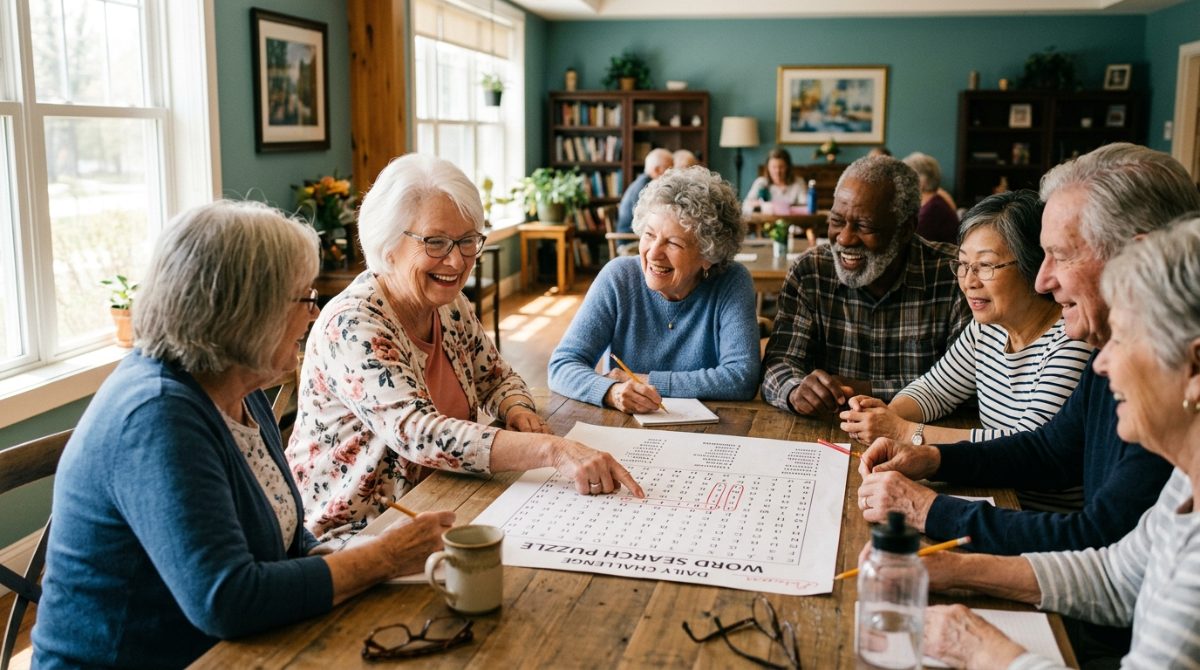 Seniors working on a large-print word search puzzle together at a table in a bright activity room
